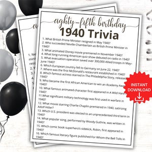 1940 Trivia Game, 85th Birthday Party Games, Born in 1940 Game, 1940 Birthday Games, 85th Birthday Games