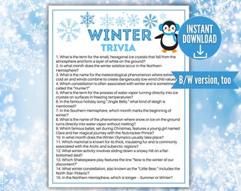 May include: A white rectangular sheet featuring the blue text Winter Trivia, a cartoon penguin wearing blue earmuffs and a scarf, and fifteen numbered questions about winter. The sheet includes blue snowflake graphics and a blue circular badge.