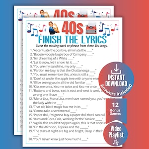 May include: A 40s Finish the Lyrics game sheet featuring a Rosie the Riveter illustration, a red typewriter, and musical notes. The text includes twenty fill-in-the-blank song lines, an instant download badge, and a note about bonus games.