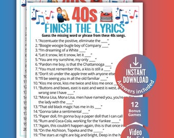 40er Jahre Beenden der Texte Trivia Spiel, druckbare Vierziger Jahre Musikspiel für Kinder Teenager Erwachsene, 1940er Jahre Aktivität, Ideen für Senioren, 1940er Jahre Trivia Party