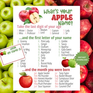 What's Your Apple-naamspel MET NAAMTABELJES + TEKEN, appelplukfeestspel, appelbakfeestactiviteit, afdrukbaar leuk voor volwassenen en kinderen
