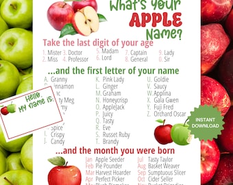 What's Your Apple-naamspel MET NAAMTABELJES + TEKEN, appelplukfeestspel, appelbakfeestactiviteit, afdrukbaar leuk voor volwassenen en kinderen