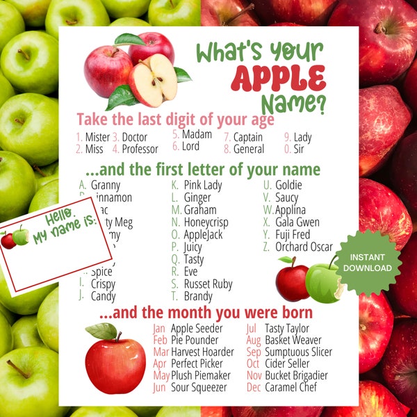 What's Your Apple Name Game WITH NAMETAGS + SIGN, Apple Picking Party Game, Apple Baking Party Activity, Fun for Adults & Kids Printable