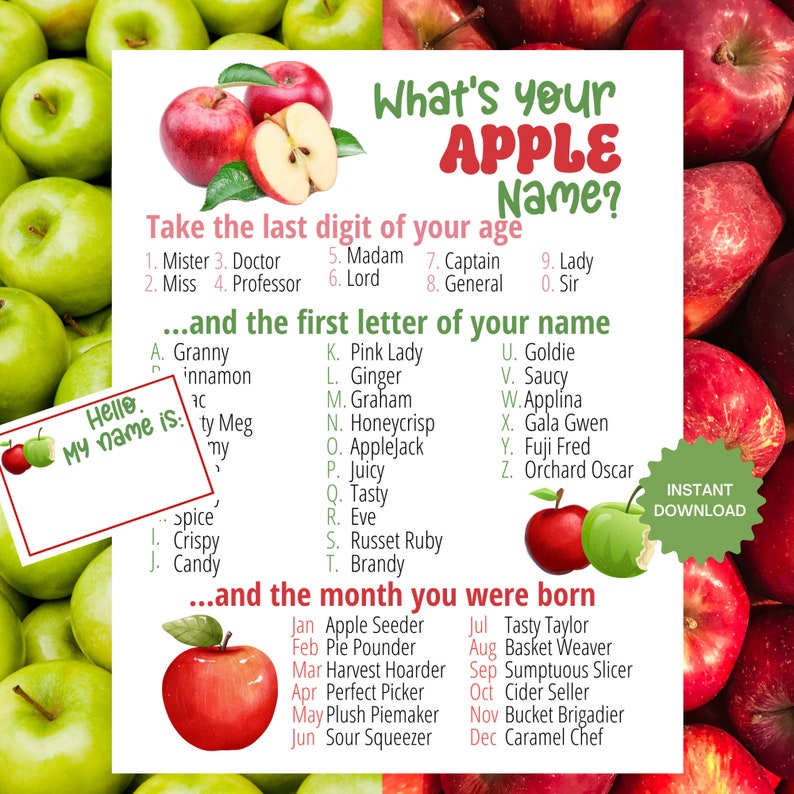 Op de afbeelding: Een printbaar diagram met rode en groene appels. Het diagram heeft de titel "Wat is je APFEL-naam?" en bevat instructies om je appelnaam te bepalen op basis van de laatste cijfer van je leeftijd, de eerste letter van je naam en de maand waarin je bent geboren. Het diagram bevat een lijst met appelnamen en hun bijbehorende leeftijd, naam en maand.