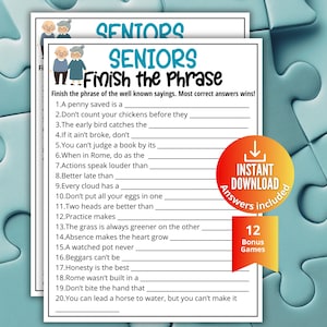 Senior Finish the Phrase Trivia Game,Memory Quiz for Older Adults,Printable Game for Boomers, Senior Memory Brain Games, Older Adult Quiz