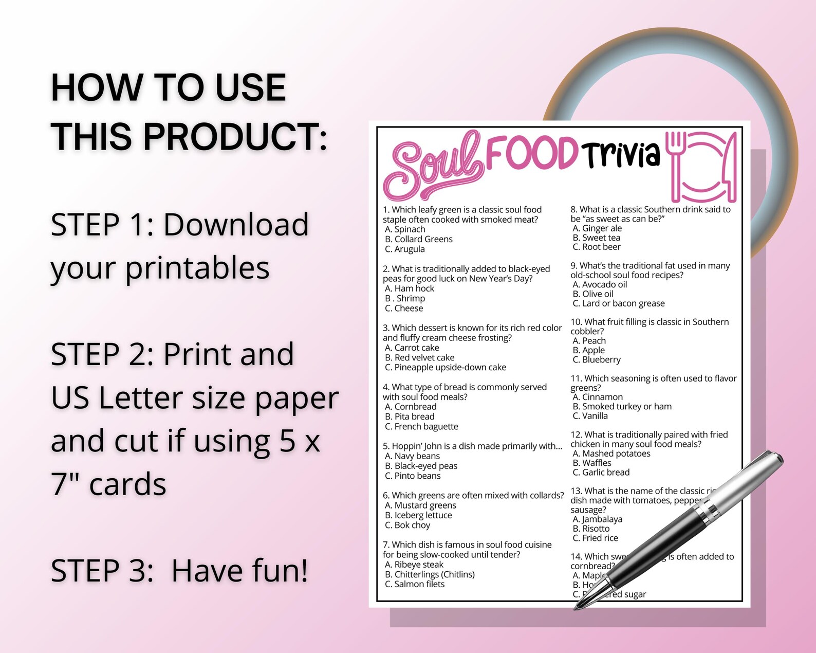 Southern Trivia Soul Food Trivia Game, African American Games, Southern Cooking Quiz ...