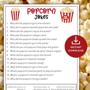 Popcorngrappen voor kinderen, afdrukbare popcorn woordspeling, popcorn babyshoweractiviteit, kantoorfeestplezier, idee filmavond, prijsuitreiking