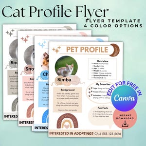 Modelo CANVA de perfil de animal de estimação editável, folheto de marketing para adoção de gatos, material para impressão sobre creche para gatinhos, notas para cuidadores de animais de estimação, sobre meu gatinho. Resgate de animais