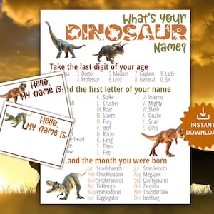 What's Your Dinosaur Name Game MET NAAMTABELJES + TEKEN, dinosaurusverjaardagsactiviteit, paleontologieplezier, ijsbrekerspel, leuk voor volwassenen en kinderen