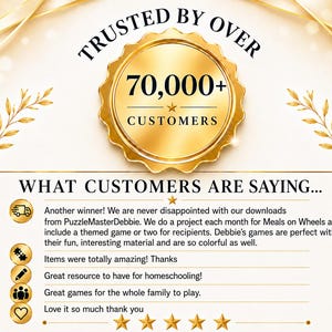 May include: A gold-colored circular badge with the text TRUSTED BY OVER 70,000+ CUSTOMERS. Below, the text WHAT CUSTOMERS ARE SAYING appears with five gold icons and customer testimonials including Another winner, Items were totally amazing, Great resource, Great games, and Love it so much, followed by five gold stars.