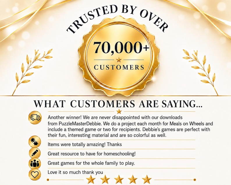 May include: A gold-colored circular badge with the text TRUSTED BY OVER 70,000+ CUSTOMERS. Below, the text WHAT CUSTOMERS ARE SAYING appears with five gold icons and customer testimonials including Another winner, Items were totally amazing, Great resource, Great games, and Love it so much, followed by five gold stars.