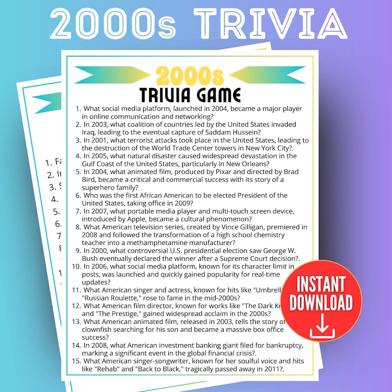 2000s Decade Trivia Game, Trivia Questions, 2000s Trivia Quiz, 2000s ...