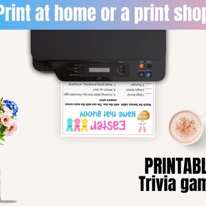 May include: Printable Easter trivia game with a pink, blue, and yellow bunny illustration. The game asks players to match the famous rabbit with the correct clue. The game includes questions like "What's up, doc?" and "Keeps going and going... and going!"