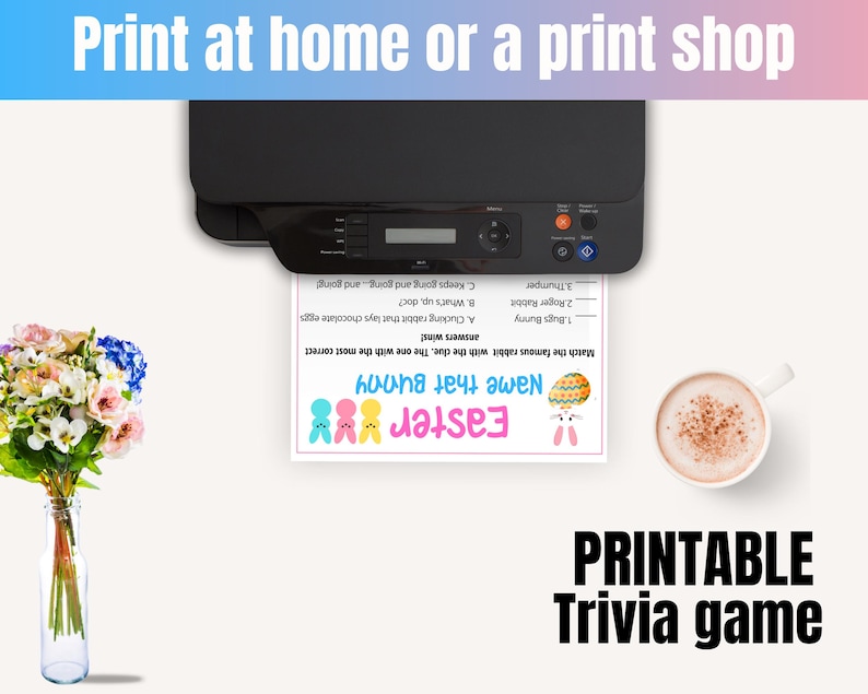 May include: Printable Easter trivia game with a pink, blue, and yellow bunny illustration. The game asks players to match the famous rabbit with the correct clue. The game includes questions like "What's up, doc?" and "Keeps going and going... and going!"