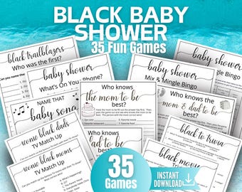 May include: A collection of white paper sheets featuring black text for baby shower games. Titles include Black Trailblazers, What's On Your Phone, Mix & Mingle Bingo, Name That Baby Song, Who Knows the Mom to Be Best, and Iconic Black Dads TV Match Up.