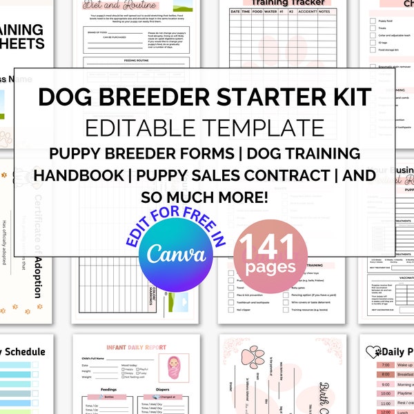 Editable Puppy Breeder Starter Kit Templates, Dog Training Handbook for Breeders, Puppy Breeder Forms, Canva Templates for dog businesses