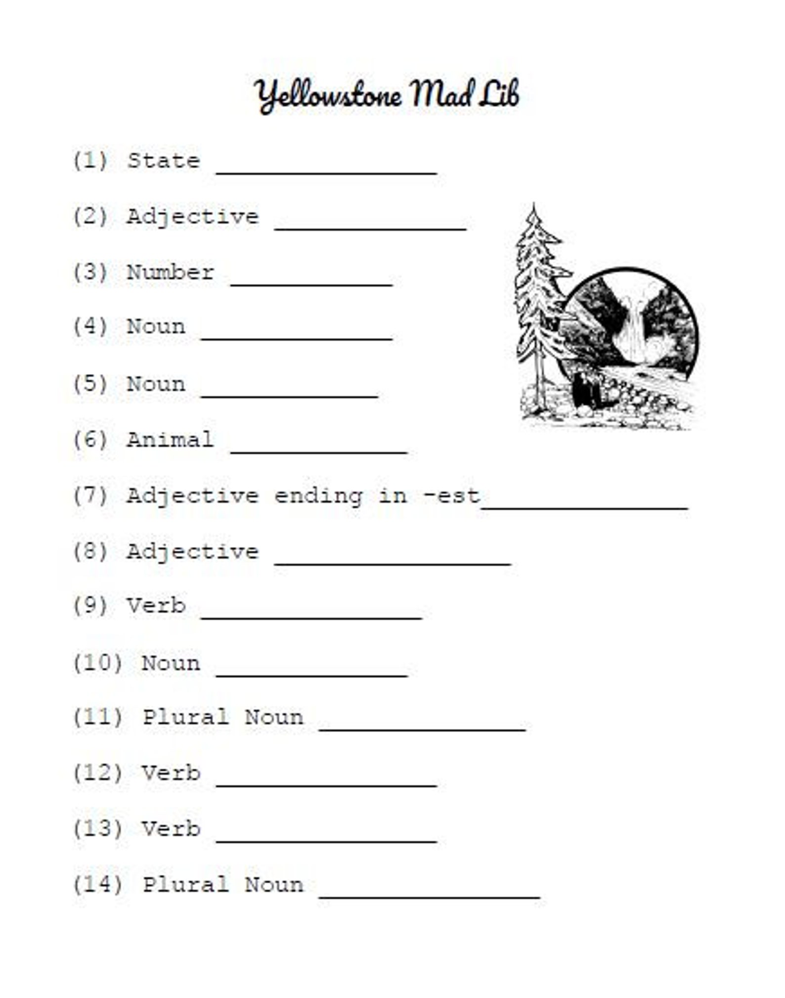 Yellowstone road trip activity for kids Mad Lib / Mad Libs | Etsy