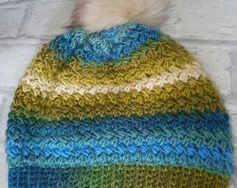 Bobble hat - teal - green- multicolour - winter hat - cosy - warm - crochet - crocheted - handmade