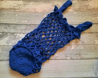 Blue fold away shopping bag - market bag - crochet string bag - pack away bag