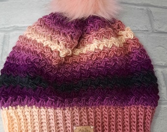 Bobble hat - pink, purple, rose - multicolour - winter hat - cosy - warm - handmade