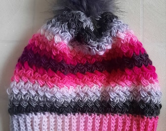 Bobble hat - pink, white, grey multicolour - winter hat - cosy - warm - handmade