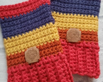 Wrist warmers - stripy multicolour - mustard, purple, orange, pink - winter warm hands - touch screen friendly - crochet - fingerless gloves