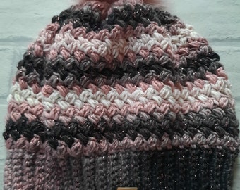 Bobble hat - rose pink grey black white - sparkle - winter hat - cosy - warm - crochet - crocheted - handmade