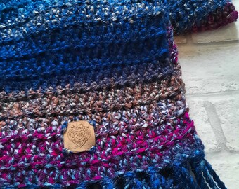 Blue brown pink multicolour scarf - chunky - handmade - crocheted - fringe - marbled yarn - winter - warm - cosy