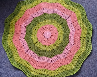 Baby blanket - crochet pram blanket - circular - spring colours - 44" diameter - pinks - greens