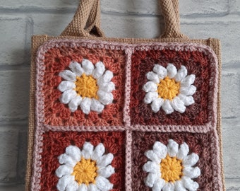 Mini daisy square tote bag - autumnal  orange brown - crochet - crocheted squares - lunch bag - gift bag - Christmas gift - handmade