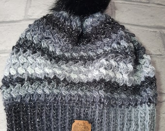 Bobble hat - Black, grey - silver sparkle - winter hat - cosy - warm - handmade