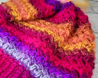 Bobble hat - pink, purple, orange - multicolour - winter hat - cosy - warm - handmade
