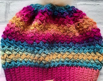 Bobble hat - rainbow - pink, orange, yellow, teal - multicolour - winter hat - cosy - warm - handmade