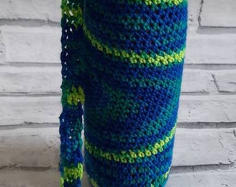 Bottle carrier - blue green - crochet water bottle holder - long strap - walking accessory - handmade