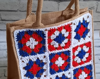 Tote bag - crocheted granny squares - shopping - book bag - school - work - Beach bag - Coronation gift - red - white - blue - handmade
