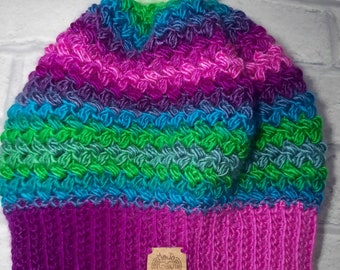 Bobble hat - purple, pink, green, turquoise - multicolour - winter hat - cosy - warm - handmade