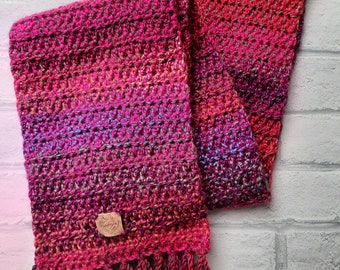 Purple Pink scarf - chunky - handmade - crocheted - fringe - marbled yarn - winter - warm - cosy