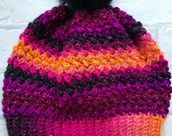 Bobble hat - purple pink orange black - sparkle - winter hat - cosy - warm - crochet - crocheted - handmade