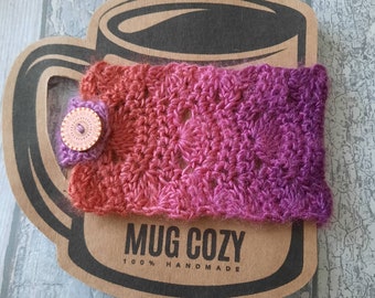 Crocheted mug cosy - cozy - handmade - pink purple orange crochet - hot drink cover - keep tea coffee warm