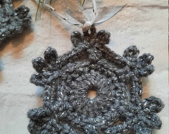 Snowflake bunting - 9 silver grey sparkly crochet snowflakes - rustic Christmas decor - festive decoration