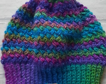 Bobble hat - rainbow blue purple green - sparkle - winter hat - cosy - warm - crochet - crocheted - handmade