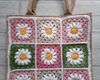Daisy tote bag - pink green - crochet - crocheted granny squares - shopping - book bag - school - work - Beach bag - gift - handmade