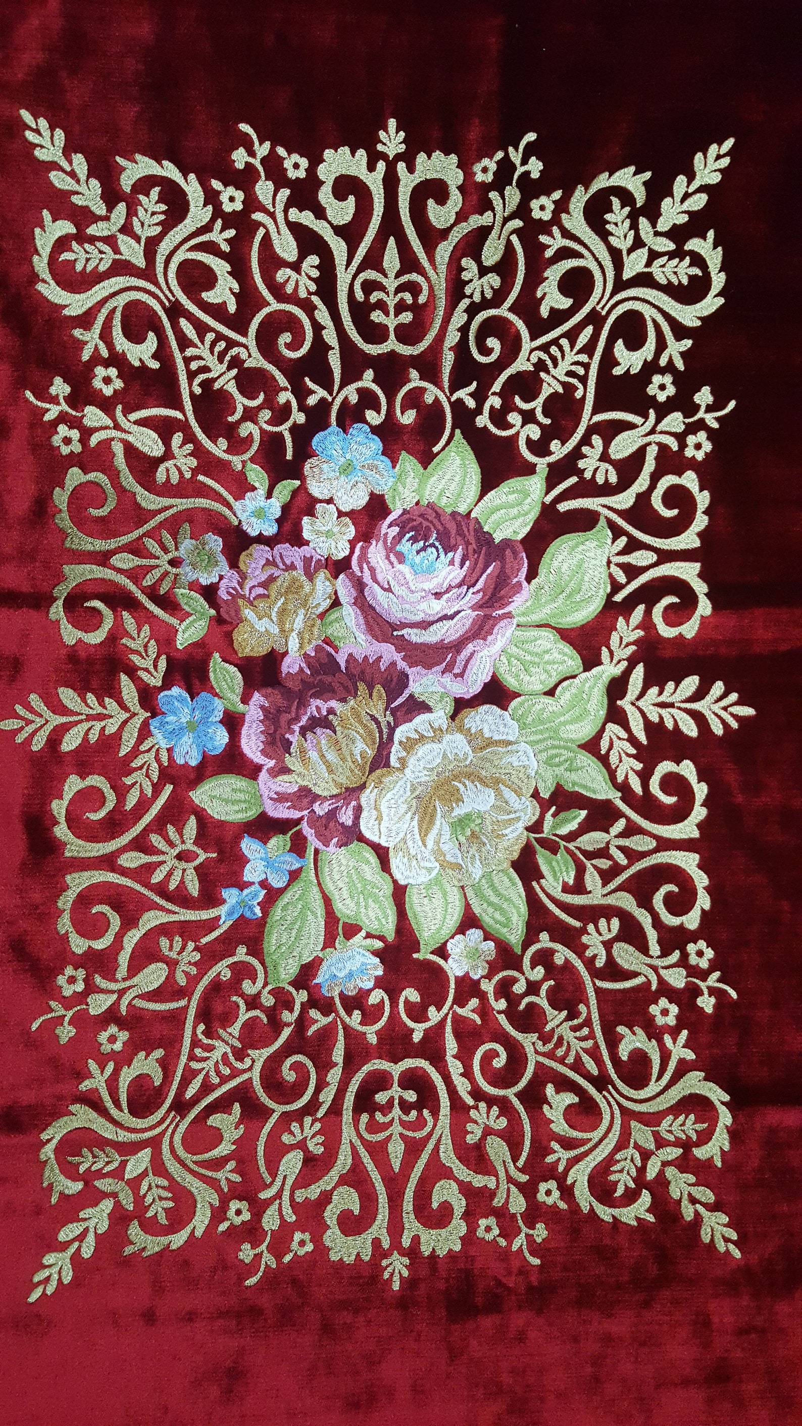 Fabric Embroidered Flowers roses embroidered gold scrolls Etsy