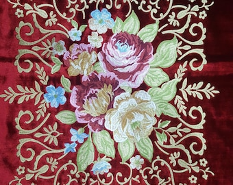 Fabric, Embroidered Flowers, roses, embroidered  gold scrolls