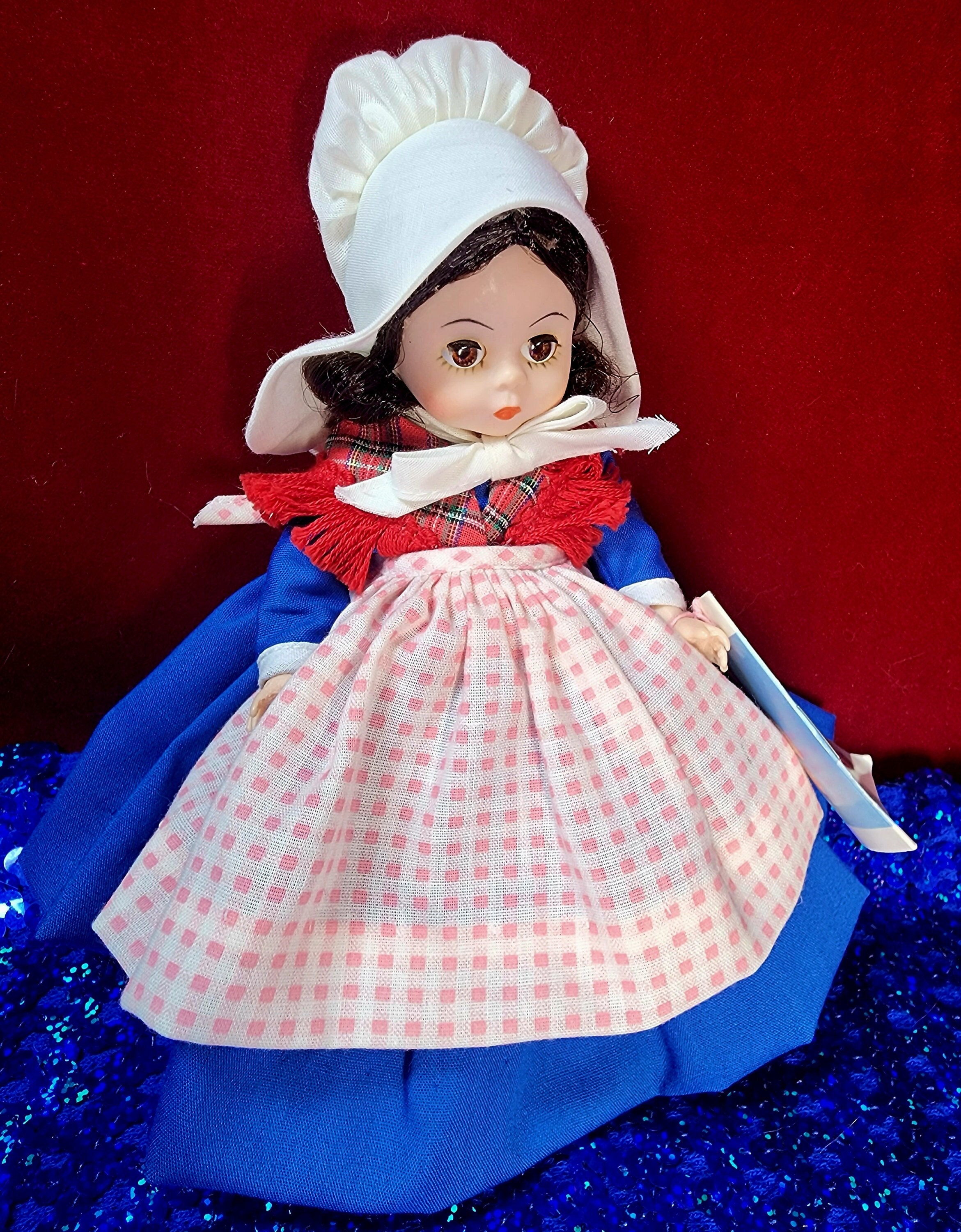 madame alexander doll blue dress White / Blue / Aqua Flared Sleeve Dress w/ Rose Border Print Size 2 / Blue main image 0
