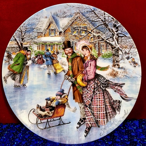 Skating on the Pond - 2nd Annual Plate in a Victorian Christmas Plate Collection of Six by Stewart Sherwood, 1990, Limited Edition, Vintage