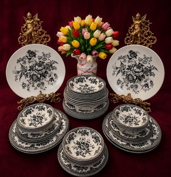 ROYAL STAFFORD Asiatic Pheasant Black Geschirr-Set, hergestellt in England, 53-teiliges Porzellan-Set, Service für 12, schwarz-weiße Blumenteller