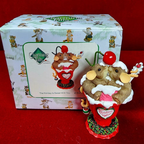 The Holiday is Sweet With You, Christmas Together, Charming Tails Figurine, Two Mice in a Sundae Cup with Red Cherry on Top, Enesco, RARE