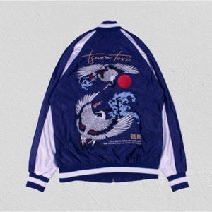 Sukajan Japan Birds Varsity Jacket  - Navy White - Japanese Streetwear - Style - Vintage - Unisex - Available Size S-2XL
