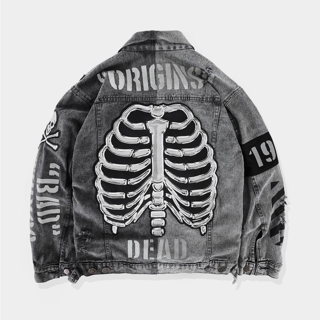 Skull Skeleton Ripped Denim Jacket - Japanese Street Style